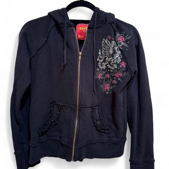 Black Rare Unique Hard Rock Cafe Goth Gryphon & Skull Zip Up Cotton Hoodie L - Picture 1 of 7